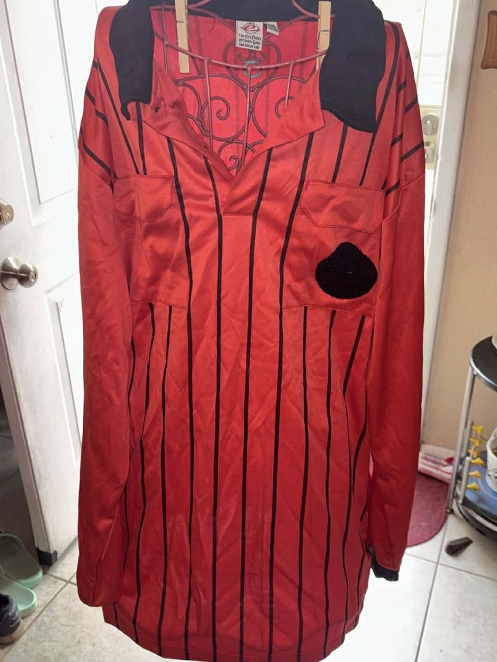 Red Pinstripe Button-Up Jacket with Black Collar